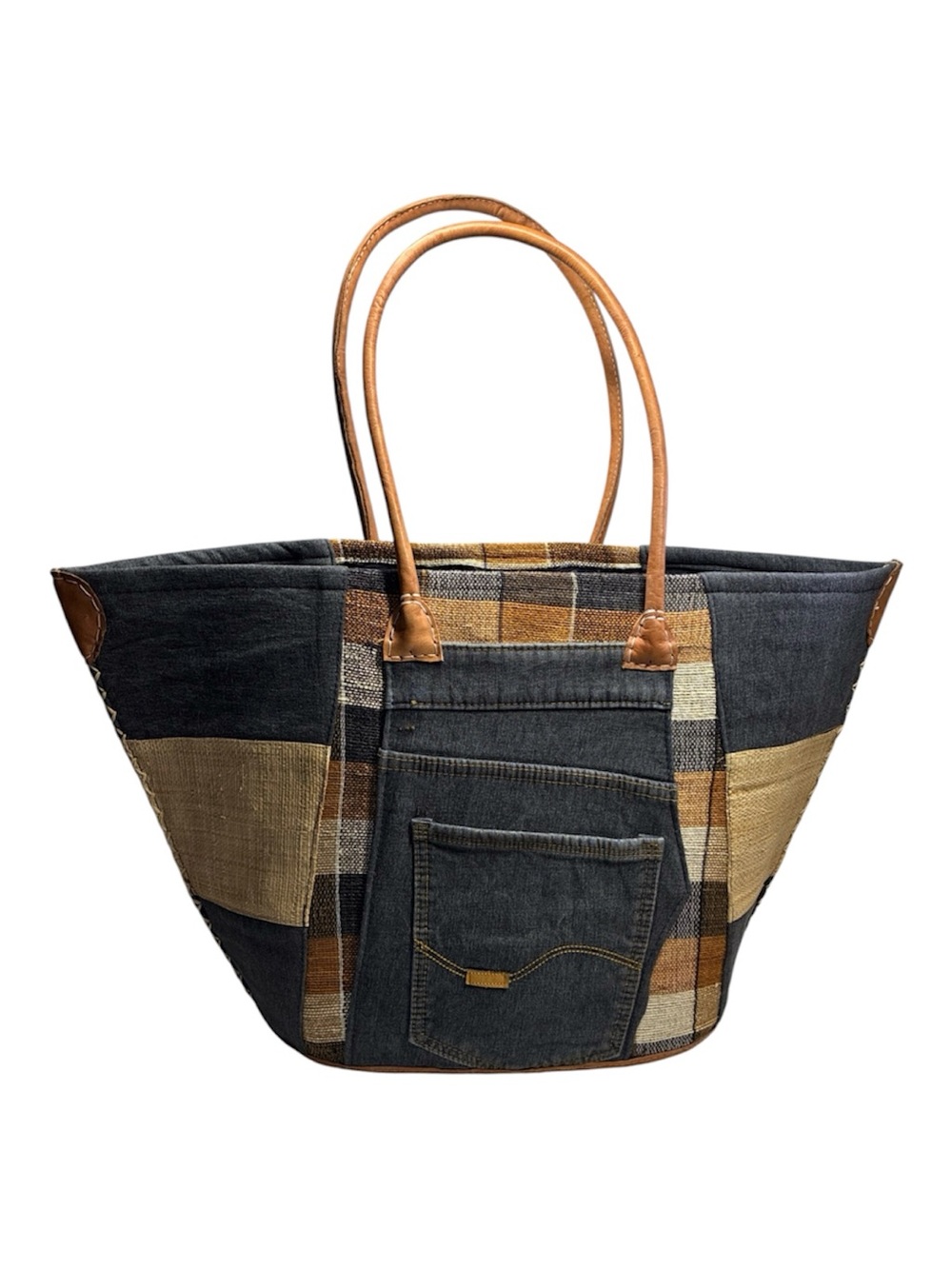 Faux Leather-Handle Patchwork Tote Bag in Black and Tan